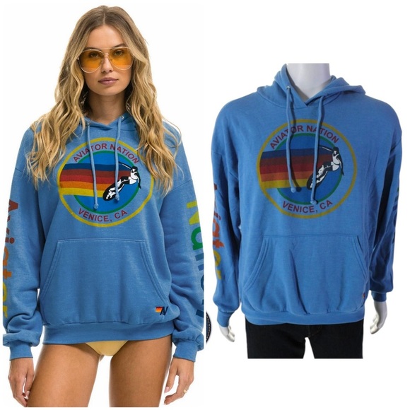 AVIATOR NATION UNISEX LOGO RELAXED PULLOVER HOODIE IN COBALT | EUC!!🌈🩵 - Picture 1 of 16